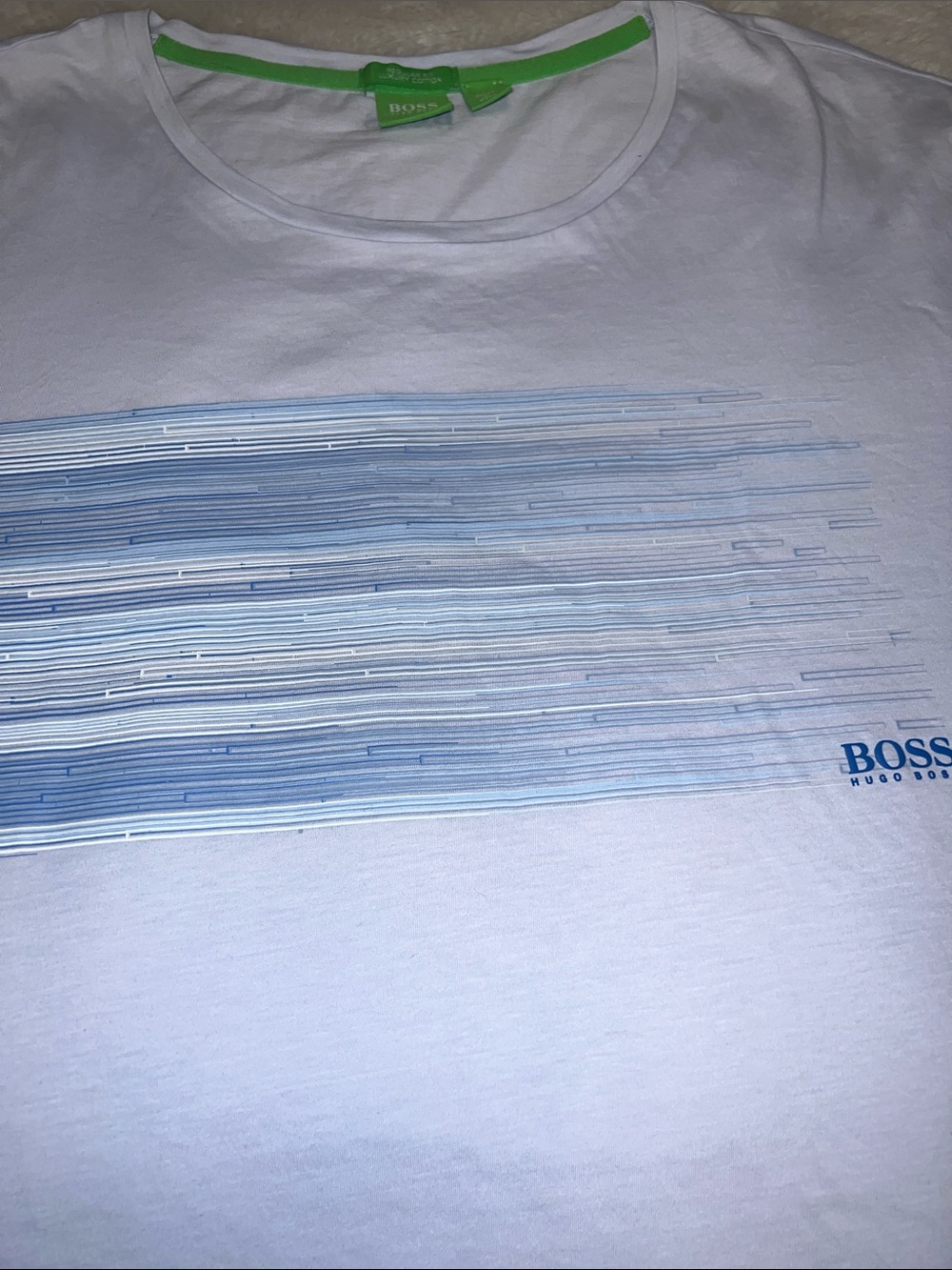 Hugo Boss White Crewneck Tee with Blue Linear Graphic and Green Trim